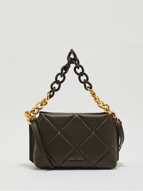 NWT Charles & Keith Quilted Shoulder Bag in Dark Brown with Gold Chain